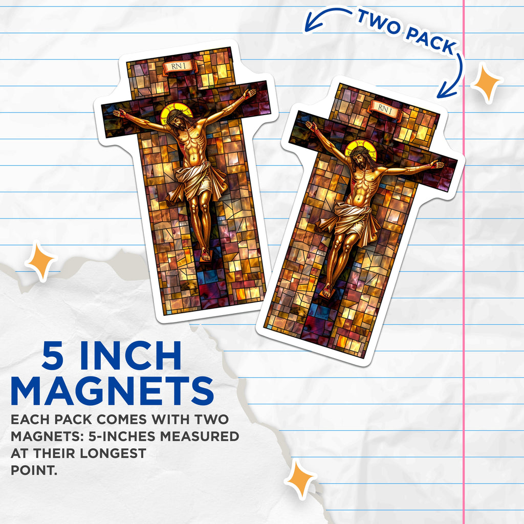 (2 Pack) Stained Glass Jesus Magnets - Religious Crucifix Art - Christian Home Devotional Decor - 5 Inches On Longest Side - Thick Durable Magnet - Made in USA - MAG37460