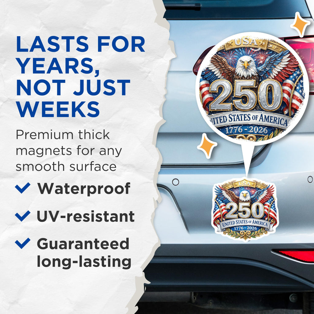 (2 Pack) USA 250th Anniversary Magnets - Patriotic Bald Eagle - American History Celebration - 1776 2026-5 Inches On Longest Side - Thick Durable Magnet - Made in USA - MAG26422
