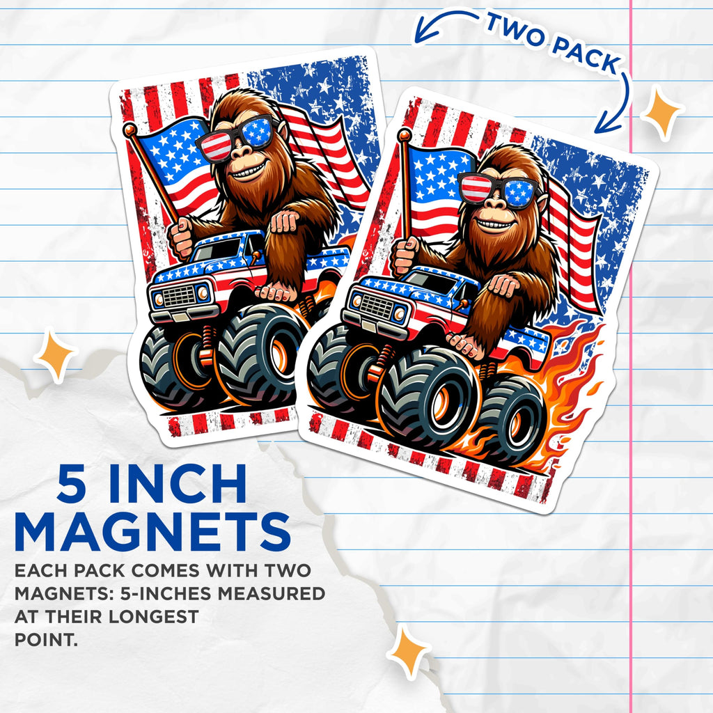 (2 Pack) Bigfoot Monster Truck Magnets - Patriotic American Flag Sasquatch - Funny USA Truck Decal for Fridge - 5 Inches On Longest Side - Thick Durable Magnet - Made in USA - MAG22739