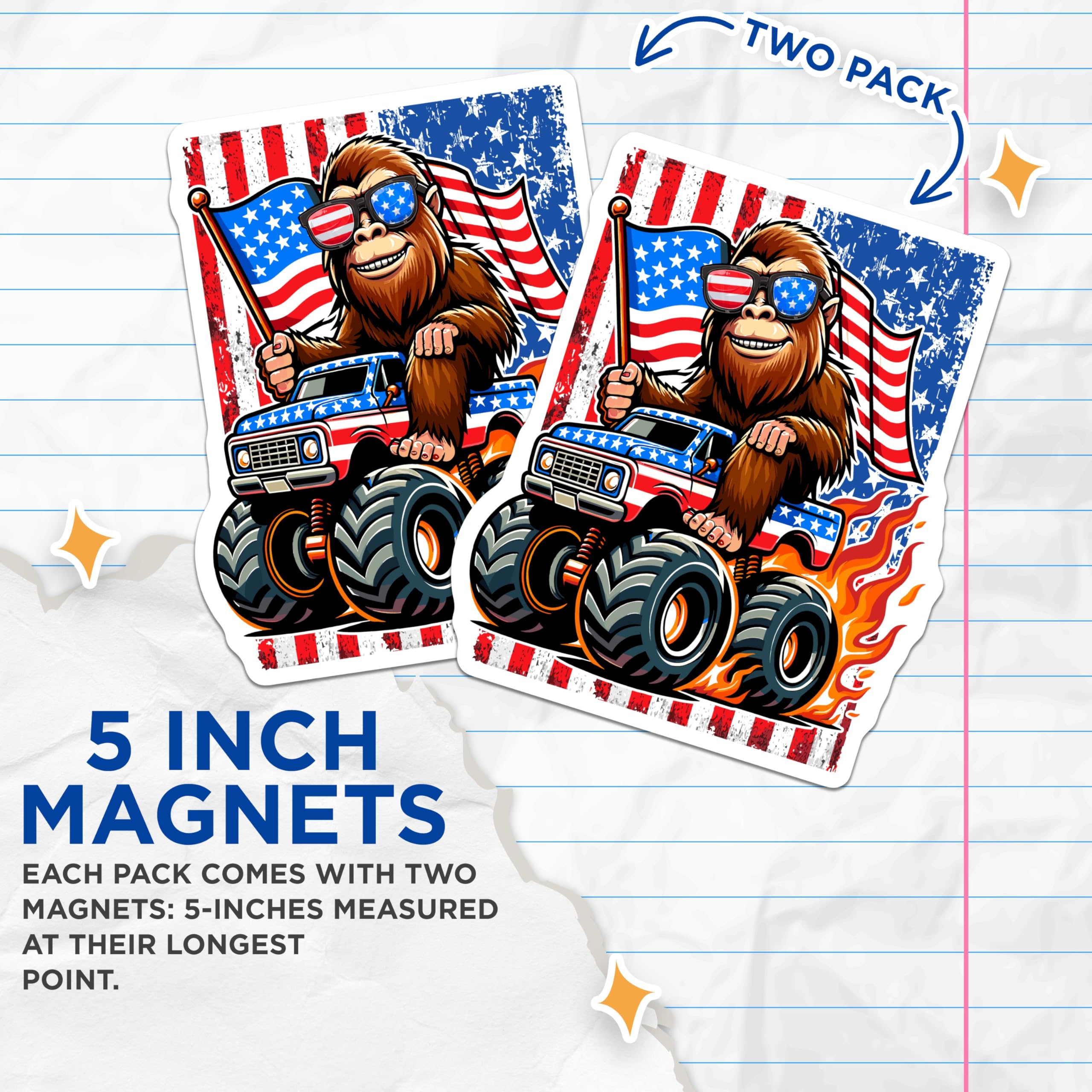 (2 Pack) Bigfoot Monster Truck Magnets - Patriotic American Flag Sasquatch - Funny USA Truck Decal for Fridge - 5 Inches On Longest Side - Thick Durable Magnet - Made in USA - MAG22739