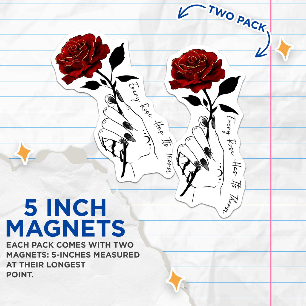 (2 Pack) Dark Rose Magnets - Witchy Aesthetic Decor - Gothic Fridge Magnets - Every Rose Has Its Thorn Saying - 5 Inches On Longest Side - Thick Durable Magnet - Made in USA - MAG38345