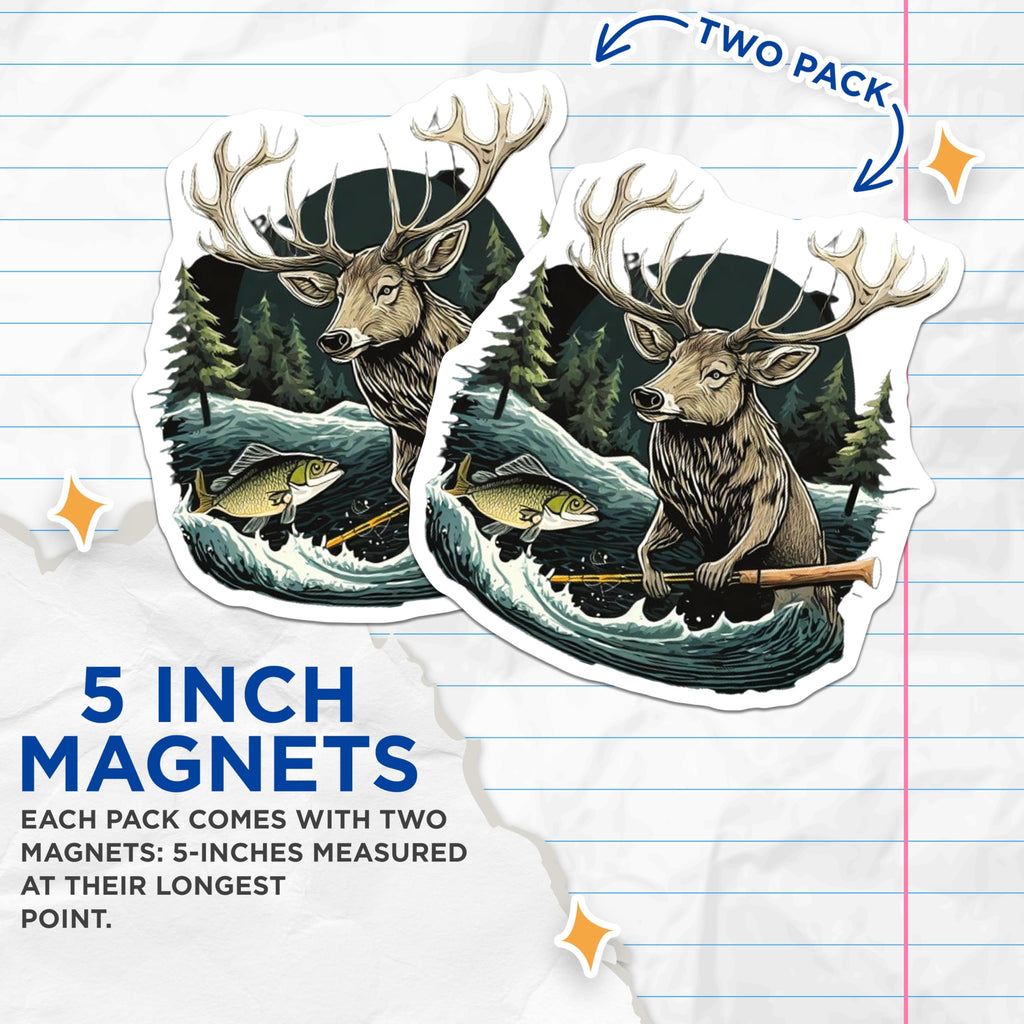 (2 Pack) Deer Fishing Magnets - Rustic Wildlife Art - Nature Lover Outdoor Decor - 5 Inches On Longest Side - Thick Durable Magnet - Made in USA - MAG21744