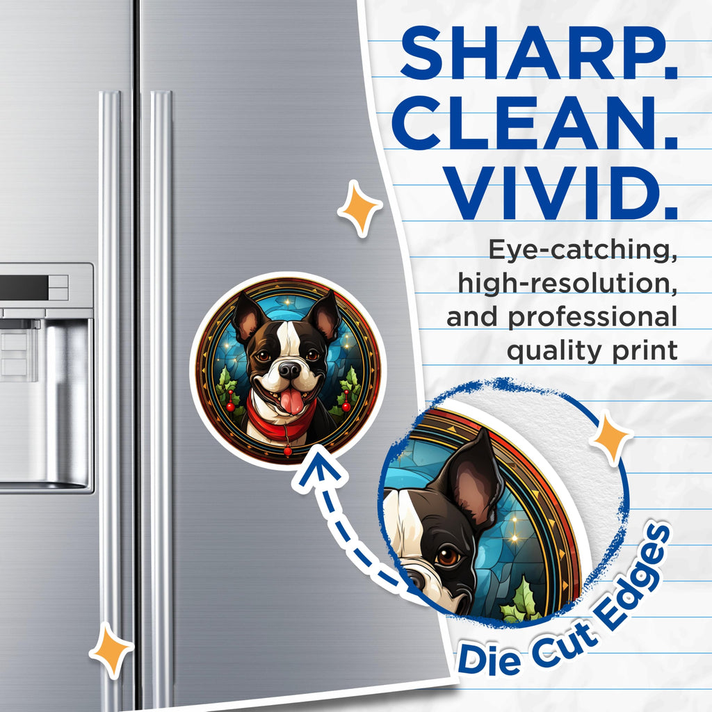 (2 Pack) Boston Terrier Christmas Magnets - Holiday Dog Decor - Stained Glass Pet Lover Refrigerator Art - 5 Inches On Longest Side - Thick Durable Magnet - Made in USA - MAG26035