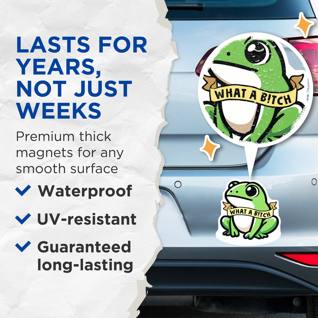 (2 Pack) Sarcastic Frog Magnets - Funny Meme What A Bitch Quote - Quirky Animal Decor - 5 Inches On Longest Side - Thick Durable Magnet - Made in USA - MAG37490