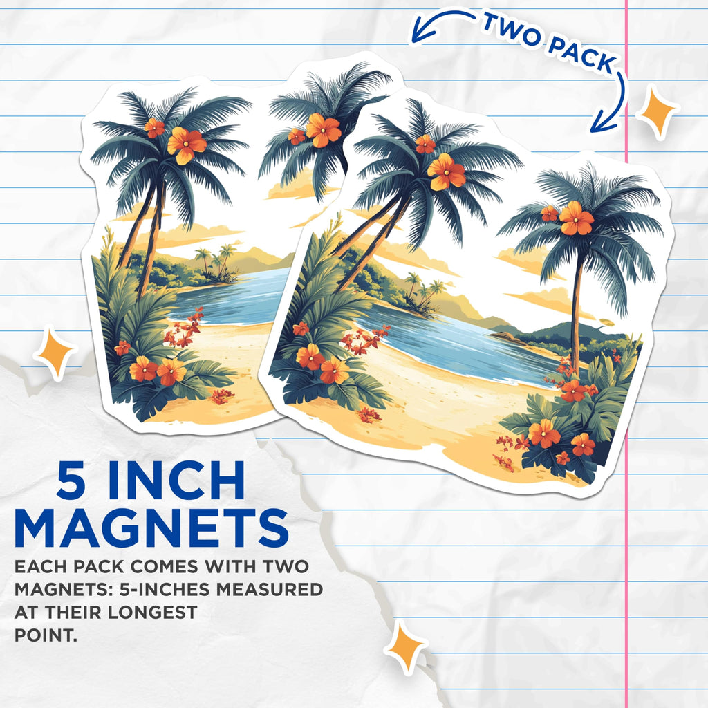 (2 Pack) Tropical Beach Magnets - Vibrant Palm Tree Island Scene Decor - Coastal Ocean View Art - 5 Inches On Longest Side - Thick Durable Magnet - Made in USA - MAG24132