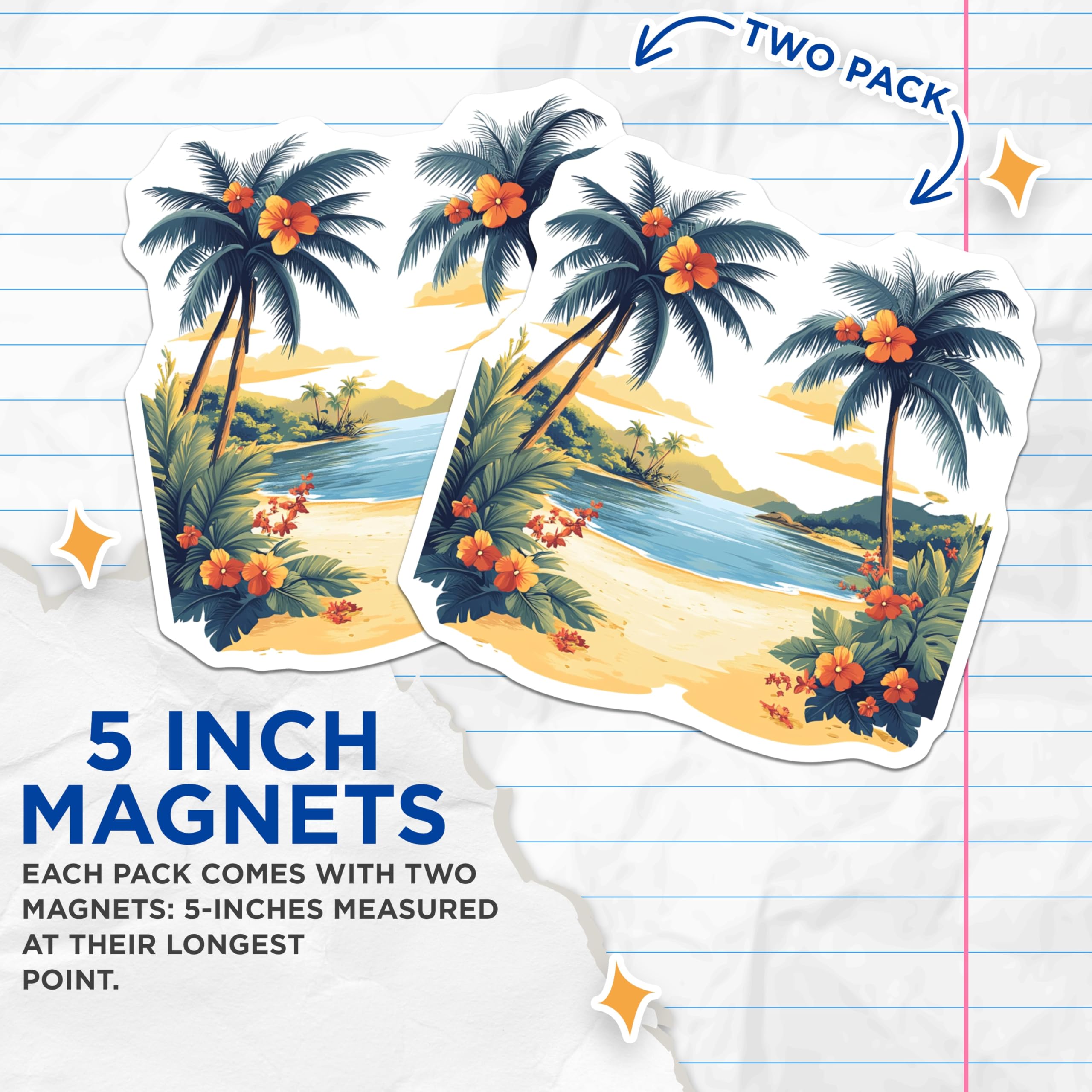 (2 Pack) Tropical Beach Magnets - Vibrant Palm Tree Island Scene Decor - Coastal Ocean View Art - 5 Inches On Longest Side - Thick Durable Magnet - Made in USA - MAG24132
