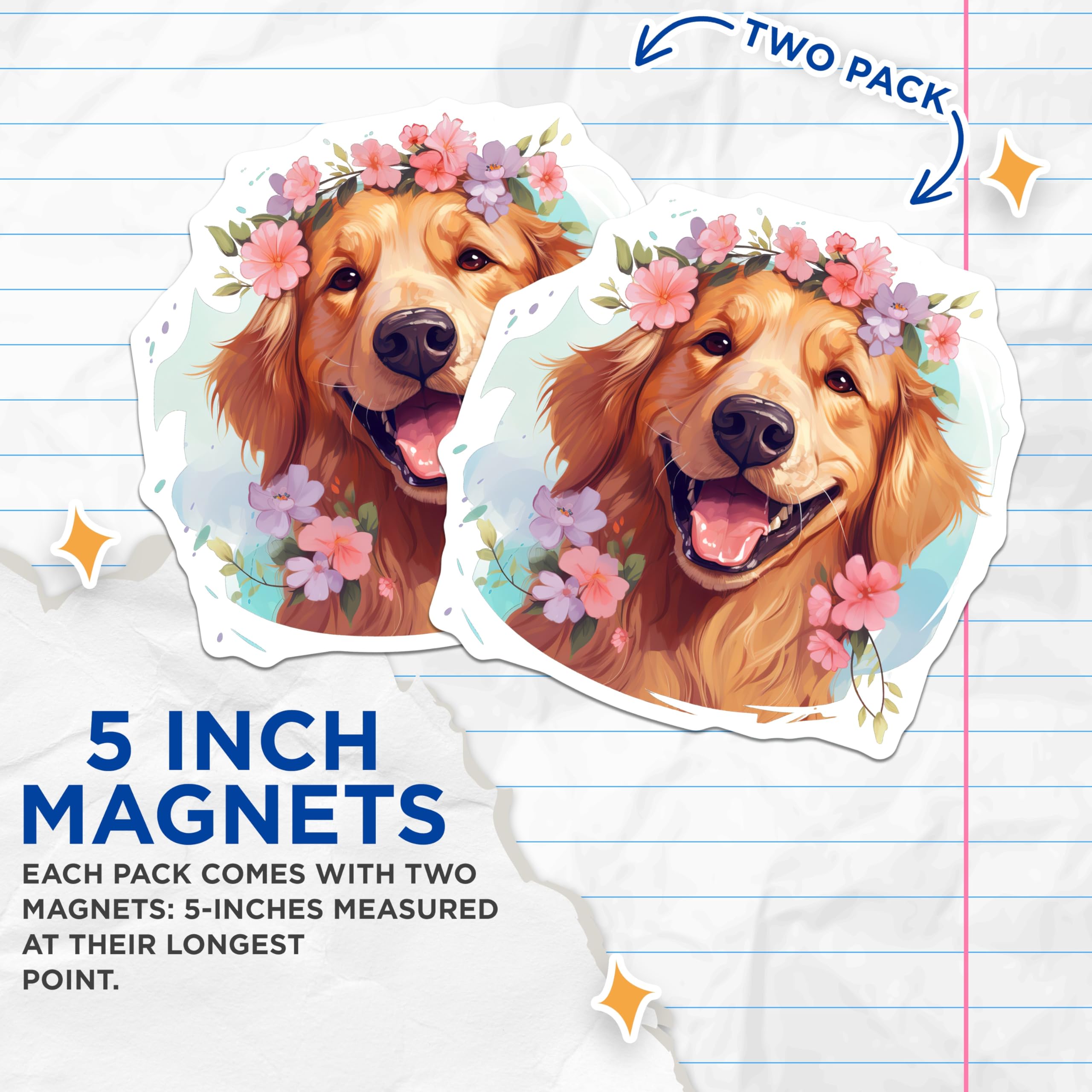 (2 Pack) Golden Retriever Magnets - Floral Crown Dog Art - Happy Pet Lover Decor - 5 Inches On Longest Side - Thick Durable Magnet - Made in USA - MAG24850