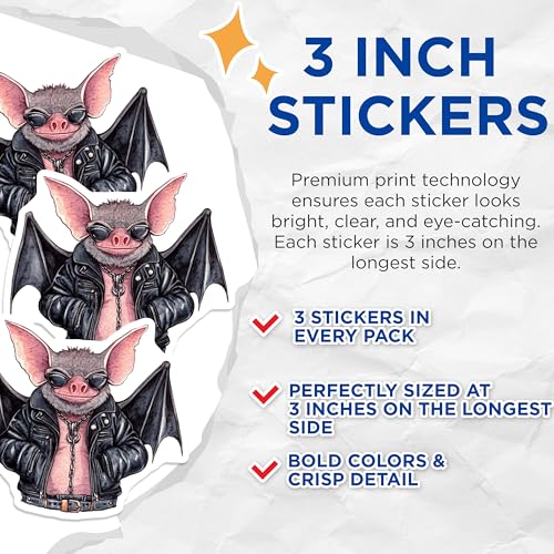 (3 Pack) Cool Bat Decals - Biker Bat Art - Laptop Decals - 3 Inches On Longest Side - Easy Peel & Apply - Made in USA - 3MCS8273