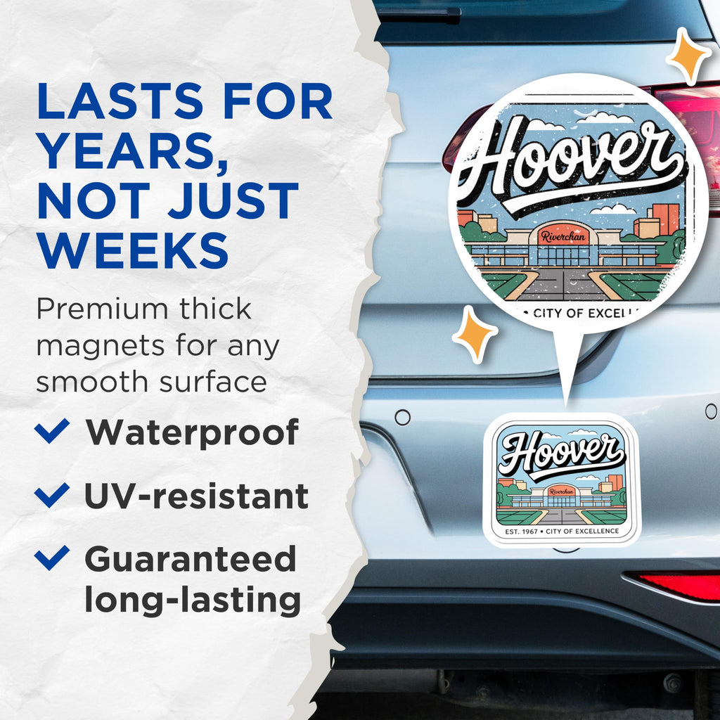 (2 Pack) Hoover Alabama Magnets - Riverchan Cityscape Art - City of Excellence Souvenirs - 5 Inches On Longest Side - Thick Durable Magnet - Made in USA - MAG19240