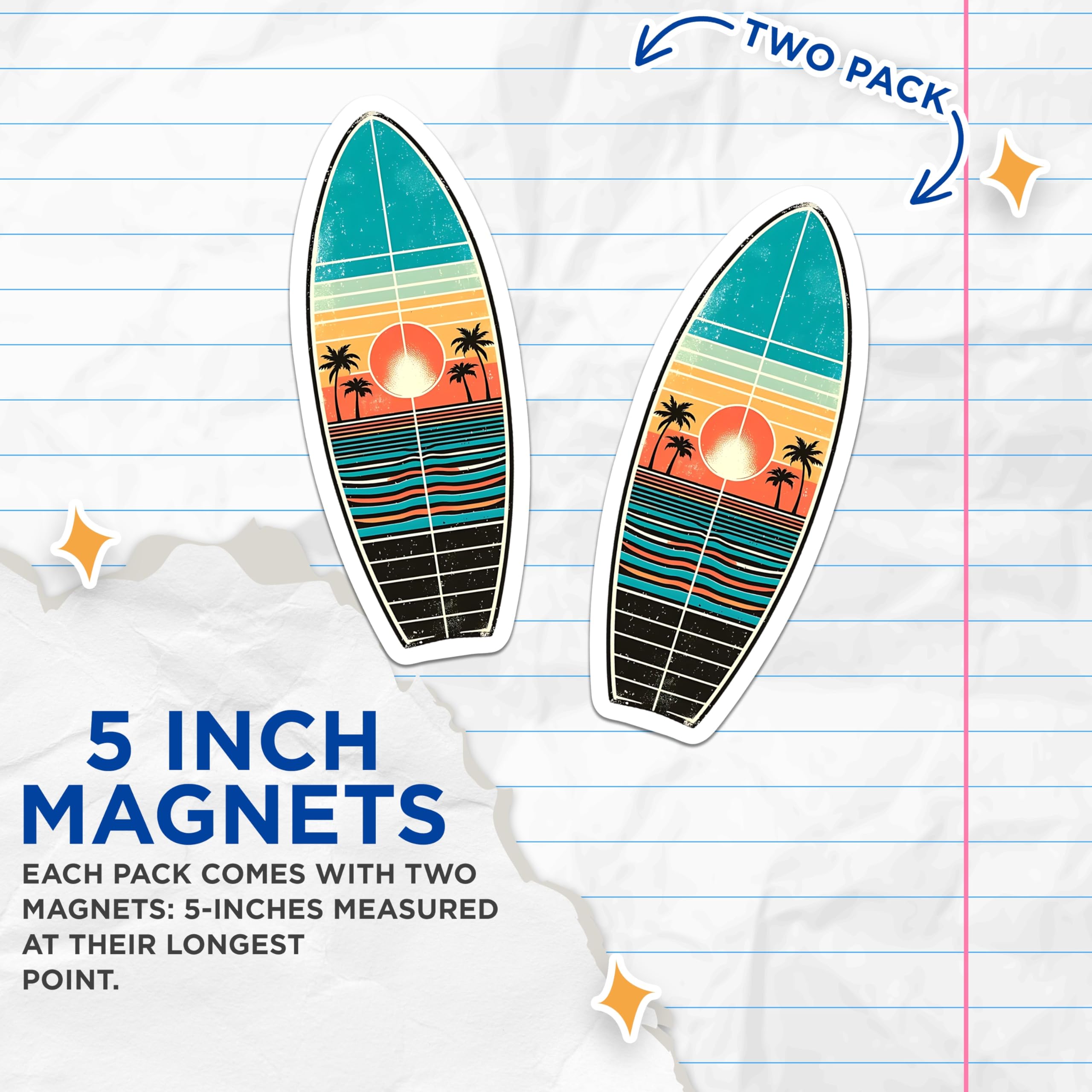 (2 Pack) Surfboard Beach Magnets - Retro Palm Tree Art - Tropical Vacation Decor - 5" On Longest Side - Premium Magnet - for Cars, Refrigerators, Toolboxes, Lockers - Made in USA - MAG15334