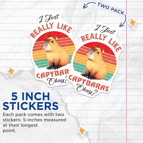 (2 Pack) Capybara Lover Stickers - Funny Animal Stickers - I Just Really Like Capybara Stickers - 5" On Longest Side - Sticks to Smooth Flat Surfaces - Made in USA - BMCS9667