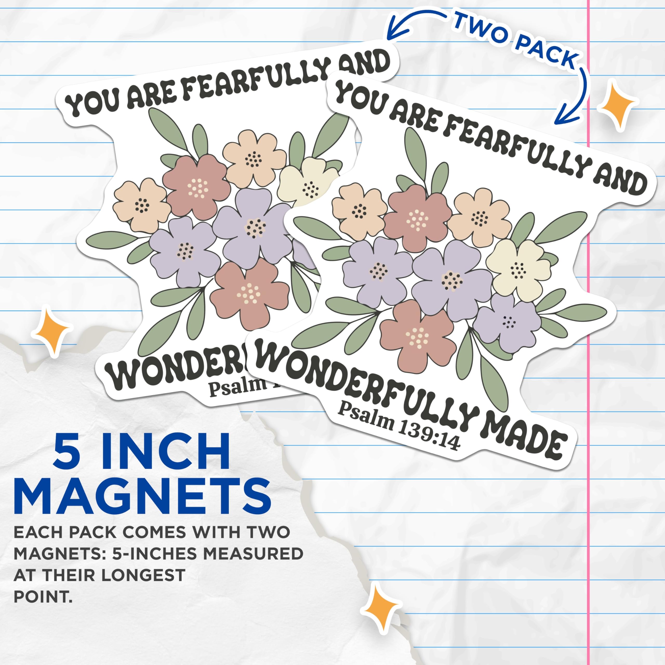 (2 Pack) Fearfully Wonderfully Made Magnets - Psalm 139 14- Floral Scripture Magnets - 5" On Longest Side - Premium Magnet - for Cars, Refrigerators, Toolboxes, Lockers - Made in USA - MAG17109