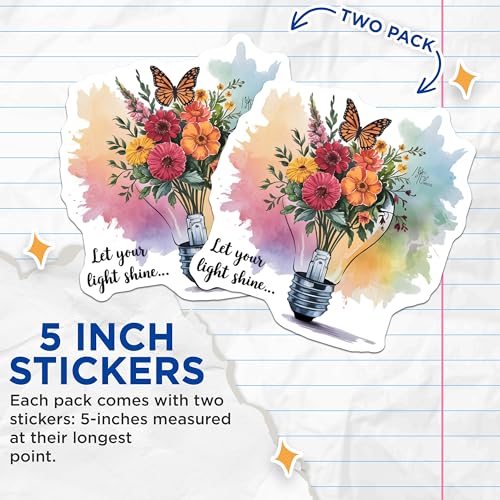 (2 Pack) Inspirational Floral Stickers - Watercolor Lightbulb - Butterfly and Flowers Stickers - 5" On Longest Side - Sticks to Smooth Flat Surfaces - Made in USA - BMCS6661