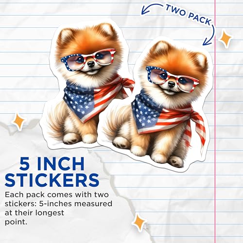 (2 Pack) Cute Dog Stickers - Patriotic Puppy - American Flag Dog Accessory - 5" On Longest Side - Sticks to Smooth Flat Surfaces - Made in USA - BMCS7261