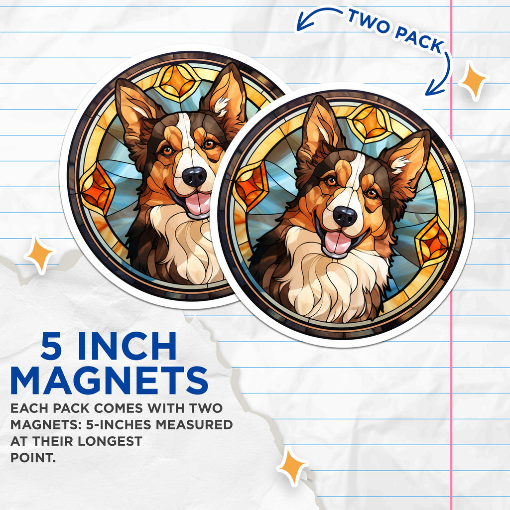 (2 Pack) Corgi Stained Glass Magnets - Dog Lover Decor - Pet Portrait Fridge Decor - 5 Inches On Longest Side - Thick Durable Magnet - Made in USA - MAG36061