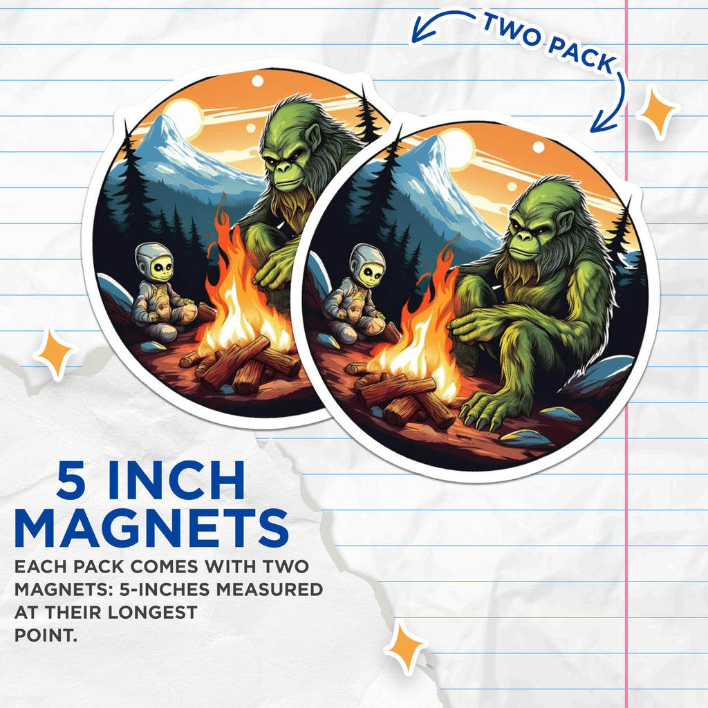 (2 Pack) Bigfoot Alien Magnets - Cozy Campfire Mountain Scene - Mythical Cryptid Forest Camping Decor - 5 Inches On Longest Side - Thick Durable Magnet - Made in USA - MAG22109