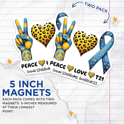 (2 Pack) Down Syndrome Awareness Magnets - Peace Love T21 Decor - Heart Ribbon Sticker - Support Symbol - 5" On Longest Side - for Cars, Fridges, Toolboxes - Made in USA - MAG8206