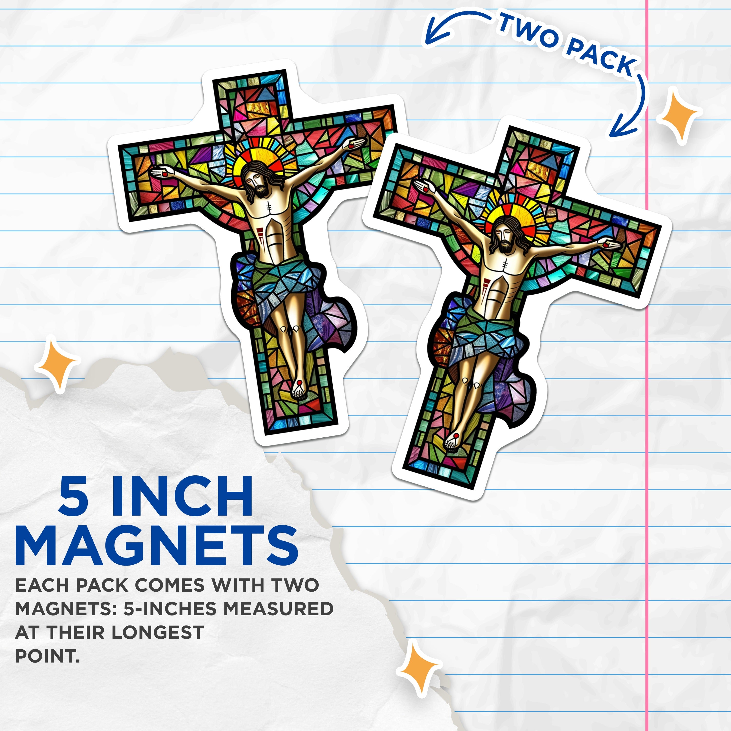 (2 Pack) Stained Glass Crucifix Magnets - Christian Religious Decor - Faith Art Refrigerator Magnet - 5 Inches On Longest Side - Thick Durable Magnet - Made in USA - MAG39476