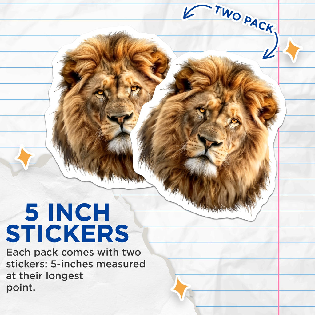 (2 Pack) Lion Stickers - Majestic Animal Art - King of Jungle Decal- 5" On Longest Side - Sticks to Smooth Flat Surfaces - Made in USA - BMCS16411