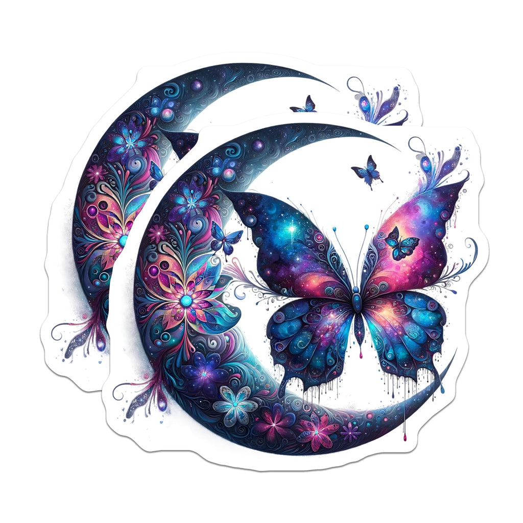 (2 Pack) Galaxy Butterfly Stickers - Crescent Moon Decals - Cosmic Floral Art Stickers- 5" On Longest Side - Sticks to Smooth Flat Surfaces - Made in USA - BMCS16465