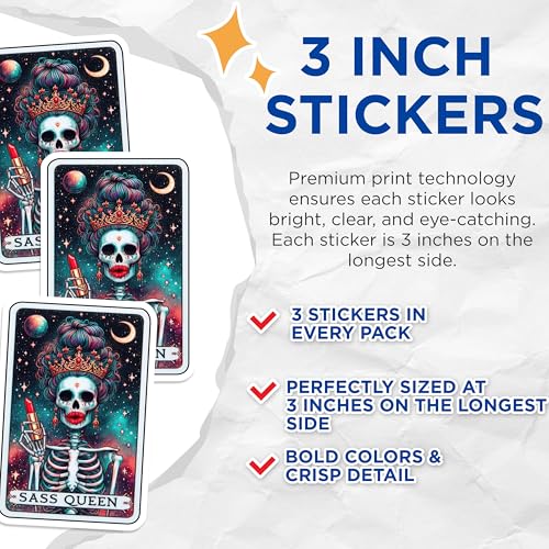 (3 Pack) Sass Queen Decals - Skull Laptop Decal - Funny Sarcastic Stickers - 3 Inches On Longest Side - Easy Peel & Apply - Made in USA - 3MCS4061