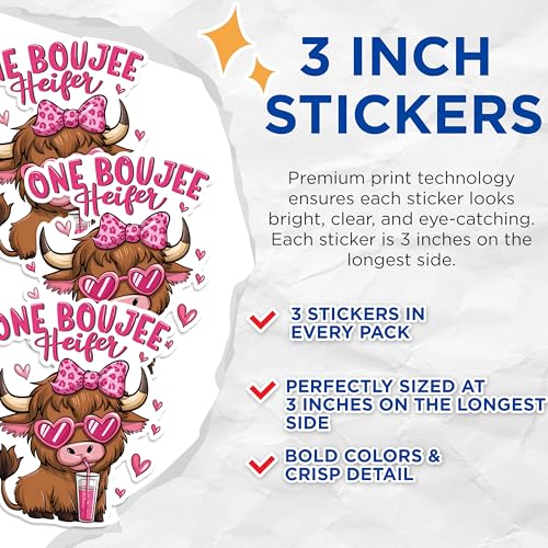 (3 Pack) Boujee Heifer Decals - Highland Cow - Cute Cow Stickers - 3 Inches On Longest Side - Easy Peel & Apply - Made in USA - 3MCS1808