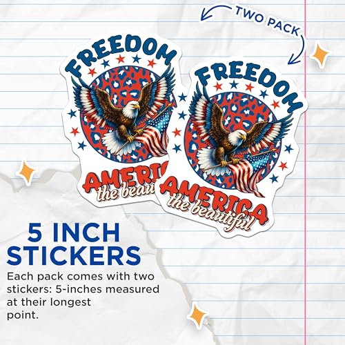 (2 Pack) Freedom America The Beautiful Stickers - Patriotic Eagle Decal - USA Flag Art - 5" On Longest Side - Sticks to Smooth Flat Surfaces - Made in USA - BMCS7404