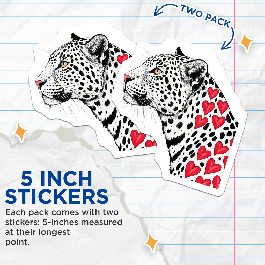 (2 Pack) Leopard Heart Stickers - Animal Print Decals - Wildlife Art Decals - 5" On Longest Side - Sticks to Smooth Flat Surfaces - Made in USA - BMCS5786