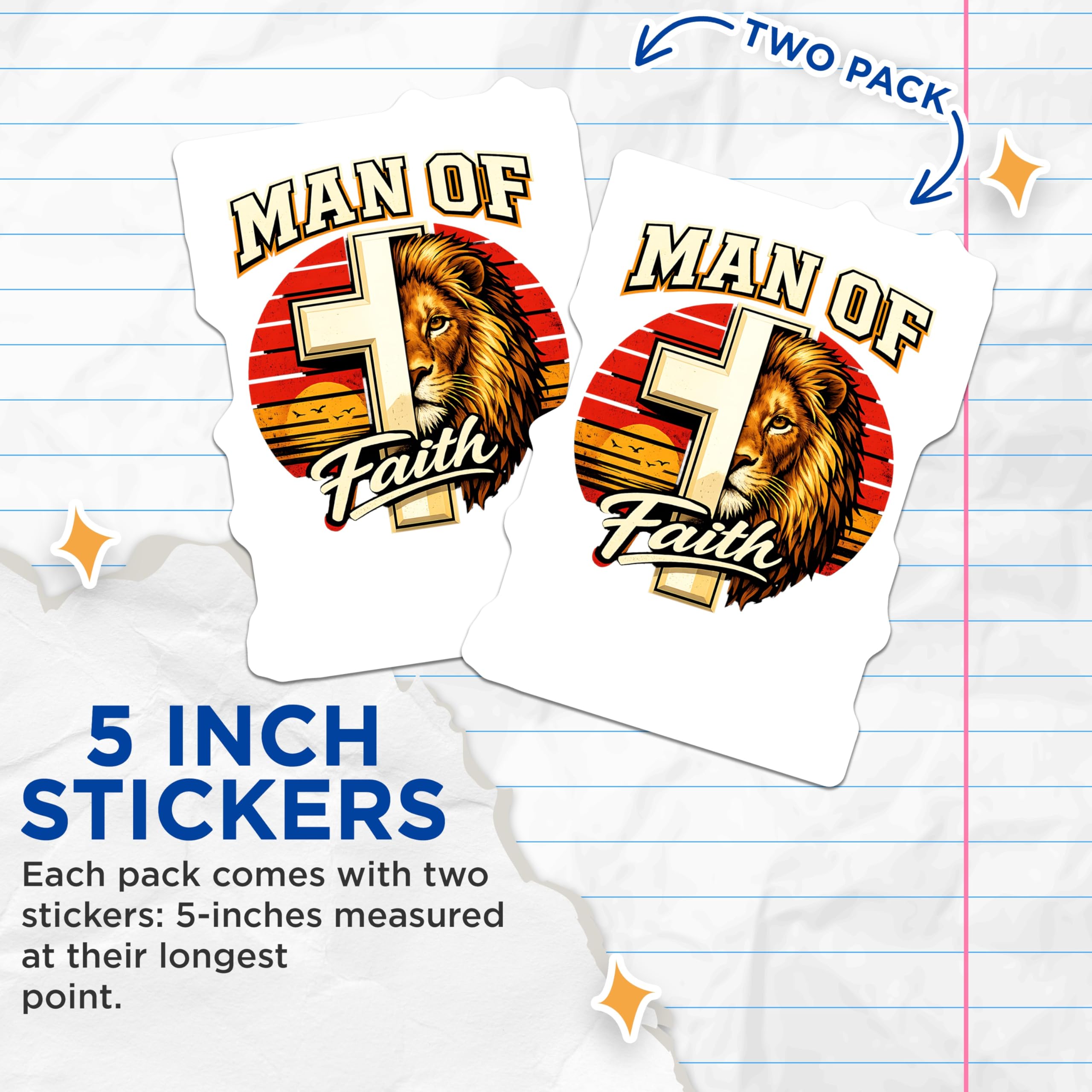 (2 Pack) Man of Faith Stickers - Christian Lion Cross Decal - Spiritual Inspiration - Religious Affirmation - 5" On Longest Side - Sticks to Smooth Flat Surfaces - Made in USA - BMCS20164