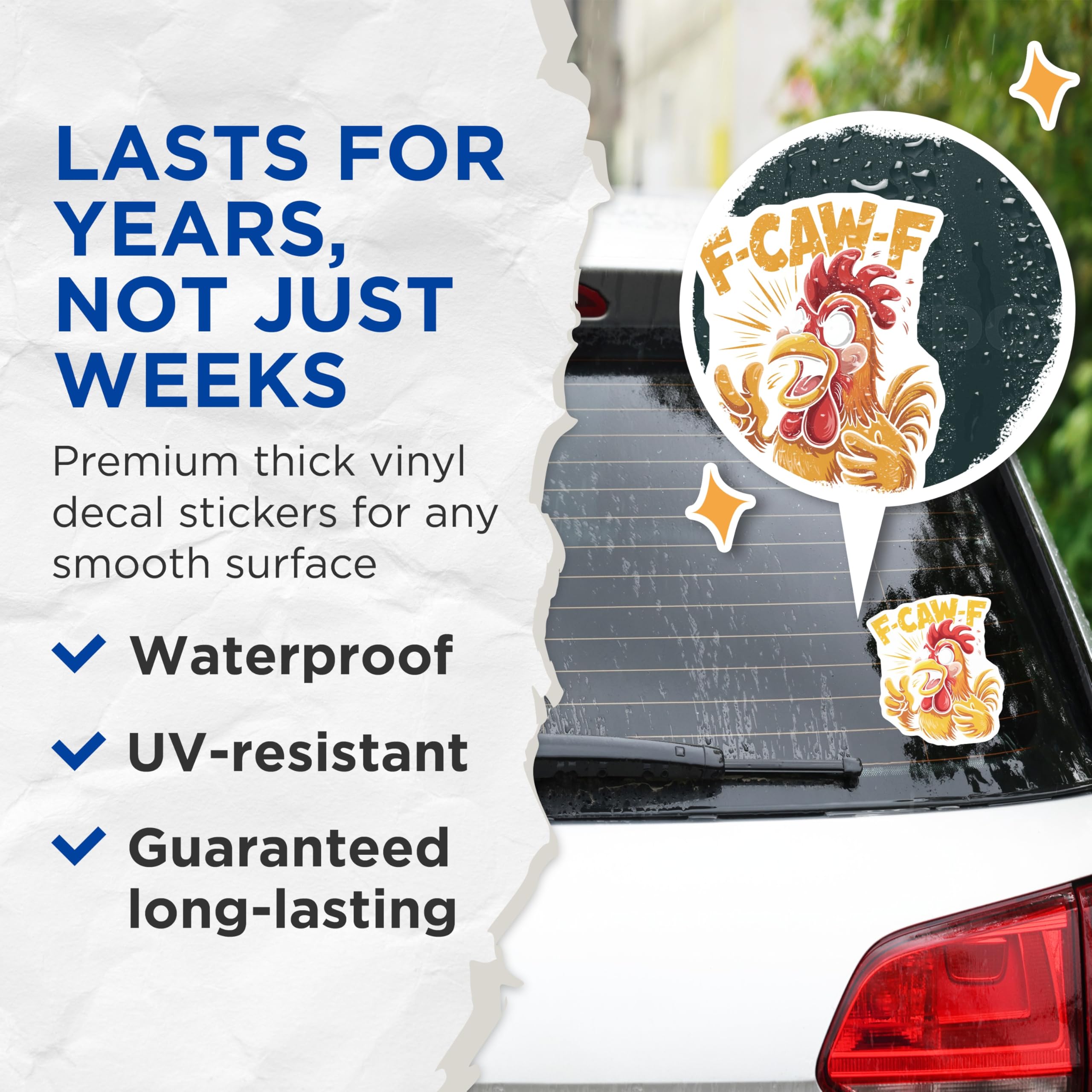 (2 Pack) F-CAW-F Stickers - Funny Chicken - Rooster Meme- 5" On Longest Side - Sticks to Smooth Flat Surfaces - Made in USA - BMCS16078