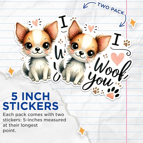 (2 Packs) I Woof You Cute Puppy Stickers - Love Dogs Pet Mom Dad Decals - 5 Inches On Longest Side - Premium Vinyl Decal - Sticks to Any Smooth Flat Surface - Made in USA - BMCS2335