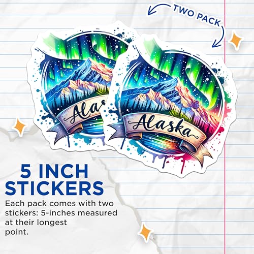 (2 Pack) Alaska Mountain Stickers - Aurora Borealis Art - Colorful Landscape Decals - 5" On Longest Side - Sticks to Smooth Flat Surfaces - Made in USA - BMCS7269