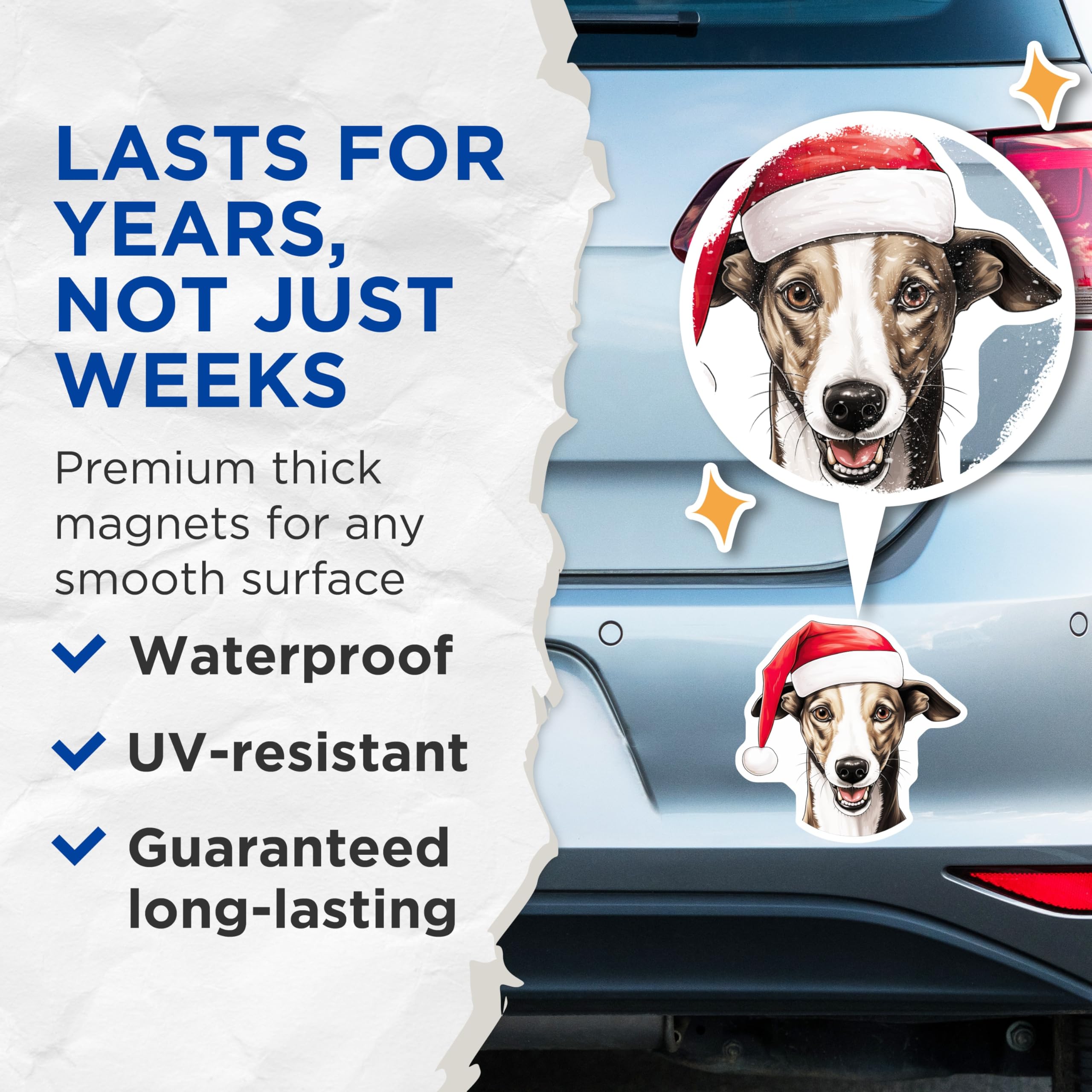 (2 Pack) Christmas Dog Magnets - Santa Hat Whippet Decor - Holiday Pet Refrigerator Magnets - 5 Inches On Longest Side - Thick Durable Magnet - Made in USA - MAG23827