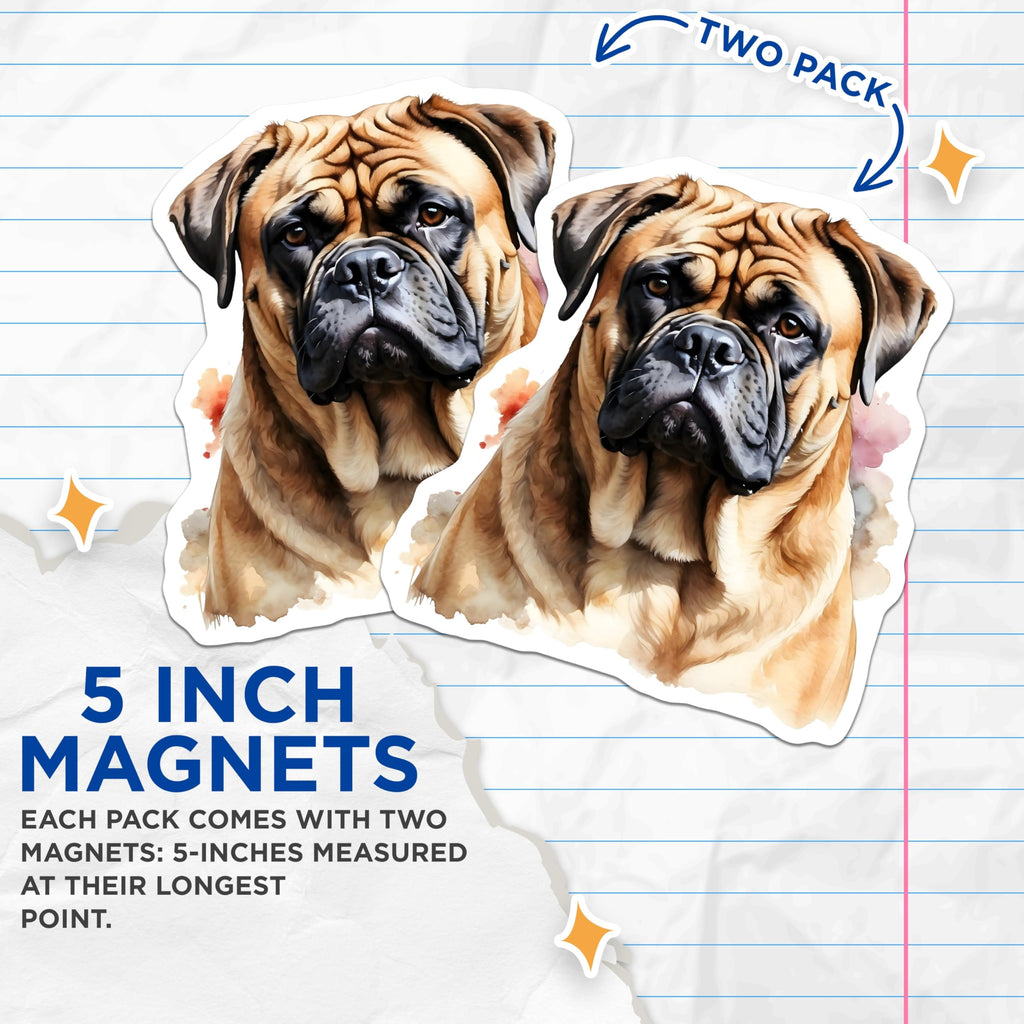 (2 Pack) Bullmastiff Dog Magnets - Cute Puppy Artwork - Fridge Decor Magnets - 5" On Longest Side - Premium Magnet - for Cars, Refrigerators, Toolboxes, Lockers - Made in USA - MAG15892