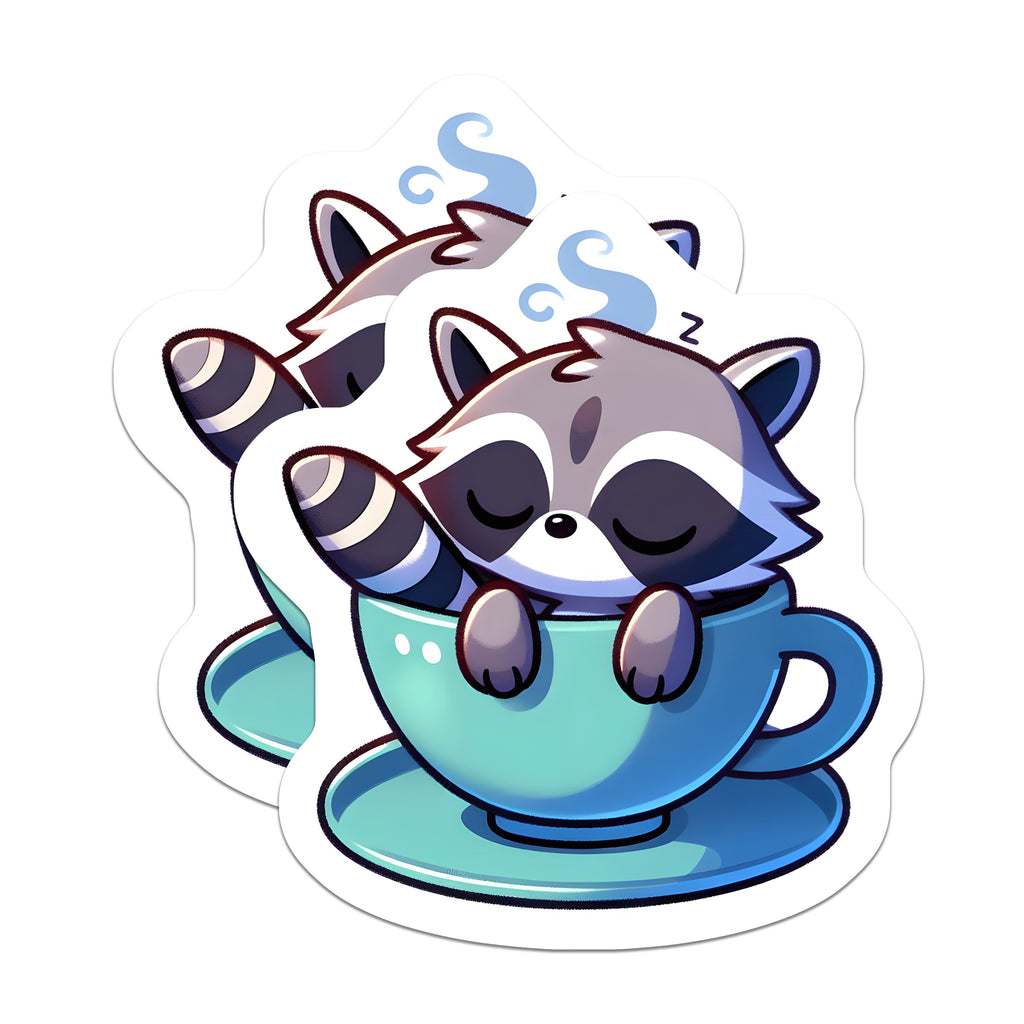 (2 Pack) Cozy Raccoon Magnets - Sleeping Animal Tea Cup Decor - Kawaii Fridge Locker Refrigerator - 5 Inches On Longest Side - Thick Durable Magnet - Made in USA - MAG37407
