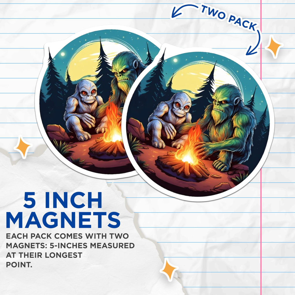(2 Pack) Bigfoot Sasquatch Magnets - Mythical Cryptid Campfire Scene - Forest Night Yeti Lore Refrigerator Display Piece - 5 Inches On Longest Side - Thick Durable Magnet - Made in USA - MAG21518