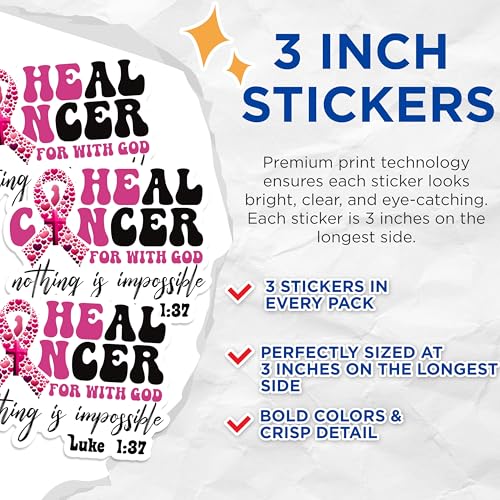 (3 Pack) Cancer Awareness Decals - Heal Cancer - Inspirational Decal - 3 Inches On Longest Side - Easy Peel & Apply - Made in USA - 3MCS1742