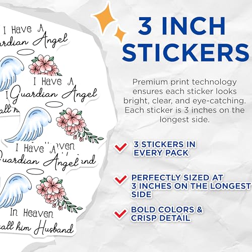(3 Pack) Guardian Angel Husband Decals - Heaven Memorial - Floral Wing Remembrance - 3 Inches On Longest Side - Easy Peel & Apply - Made in USA - 3MCS4886