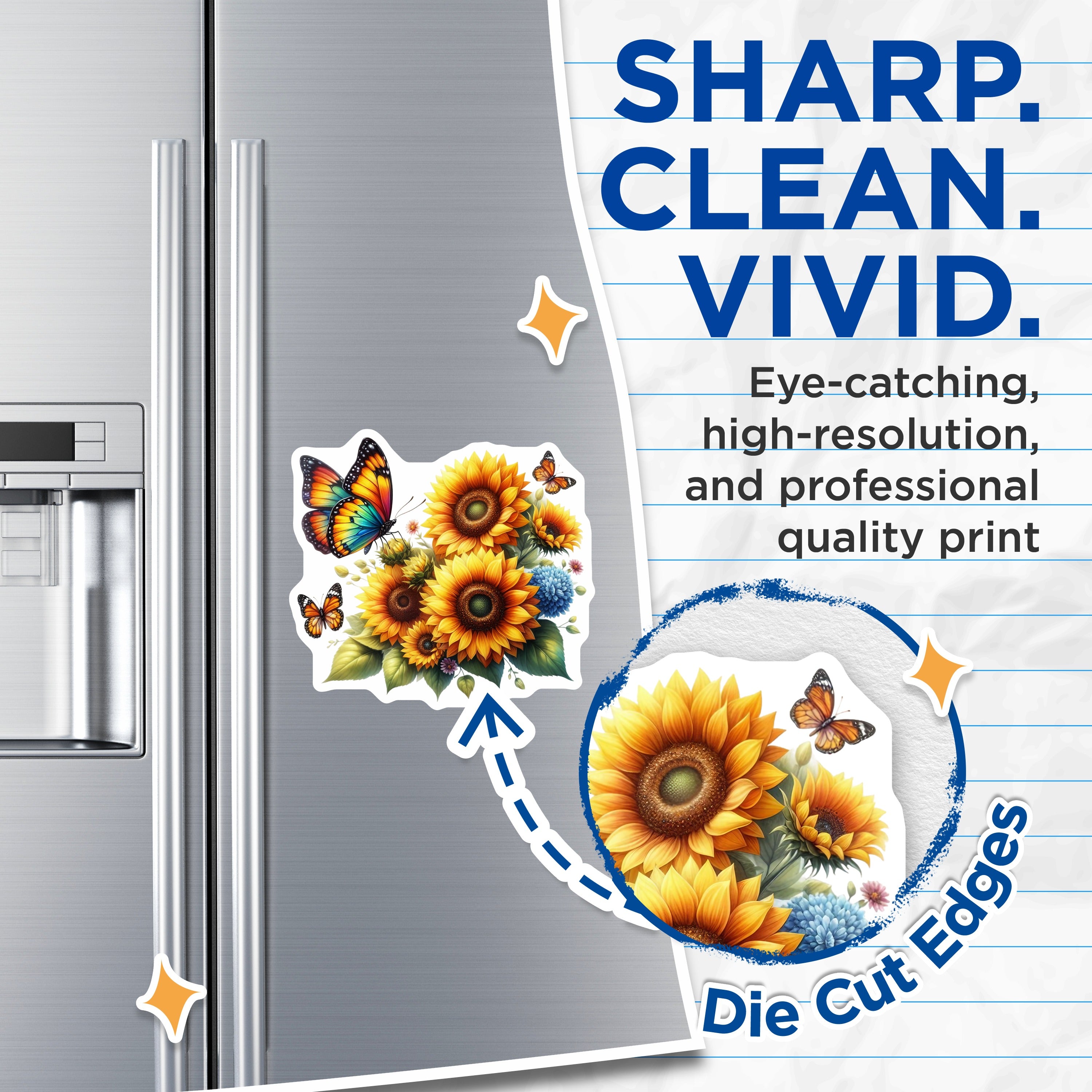 (2 Pack) Sunflower Butterfly Magnets - Vibrant Floral Garden Decor - Aesthetic Refrigerator Art - 5 Inches On Longest Side - Thick Durable Magnet - Made in USA - MAG36264