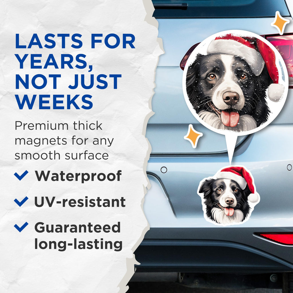 (2 Pack) Border Collie Christmas Magnets - Santa Hat Dog Decor - Holiday Pet Owner Idea - 5 Inches On Longest Side - Thick Durable Magnet - Made in USA - MAG29050