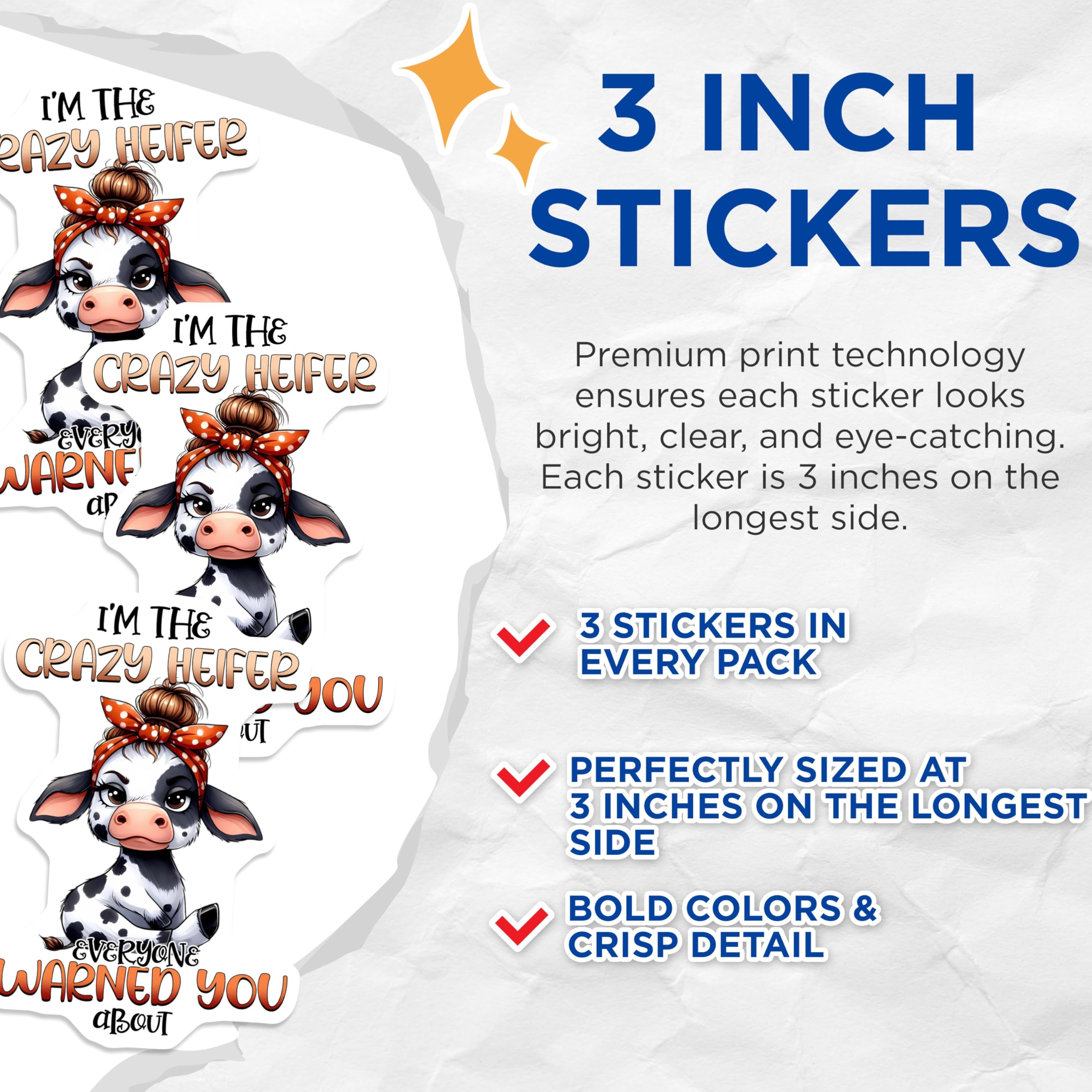 (3 Pack) Crazy Heifer Decals - Funny Cow Sayings - Laptop Decal - 3 Inches On Longest Side - Easy Peel & Apply - Made in USA - 3MCS2556