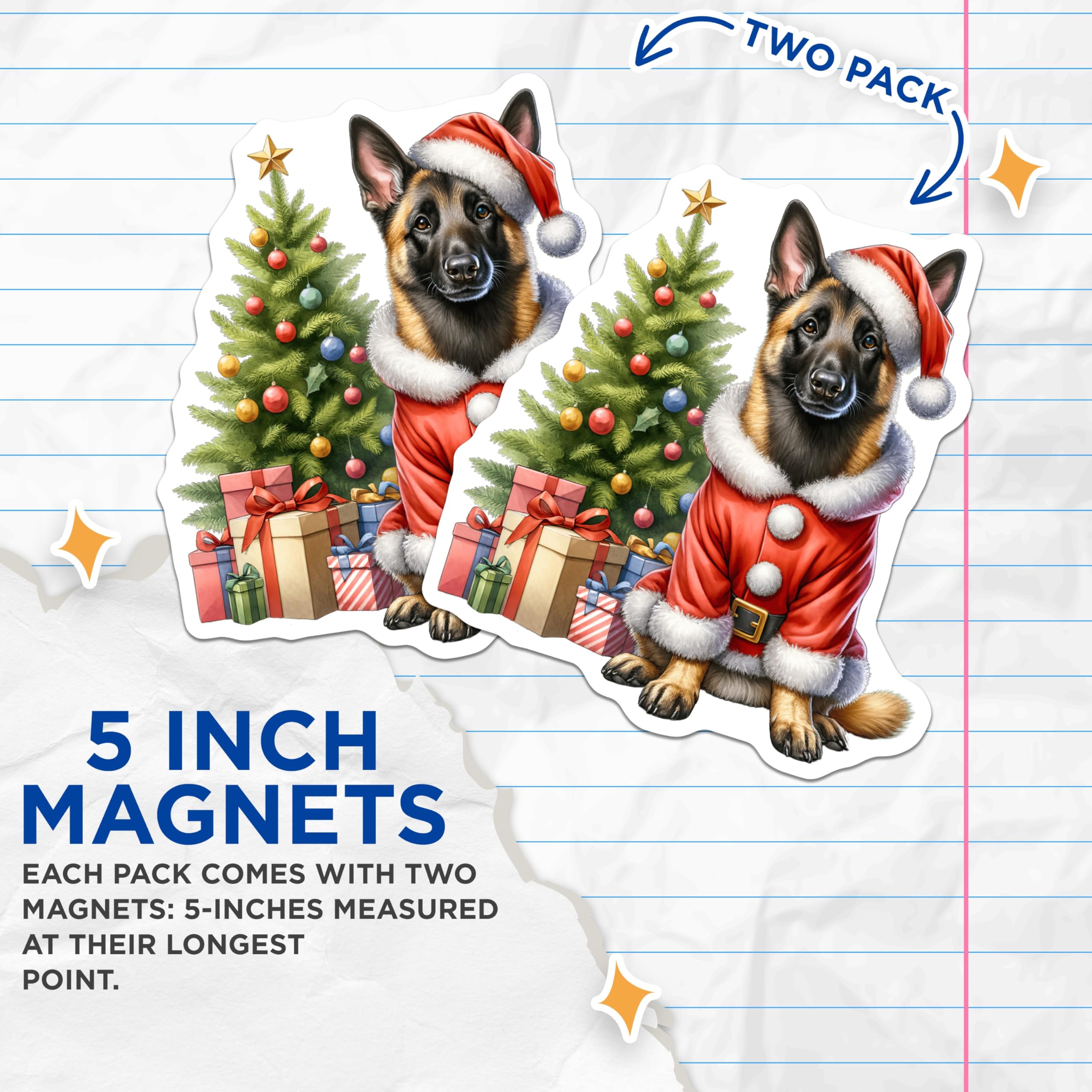 (2 Pack) German Shepherd Santa Magnets - Christmas Dog Decor - Holiday Pet Accessories - 5 Inches On Longest Side - Thick Durable Magnet - Made in USA - MAG29609