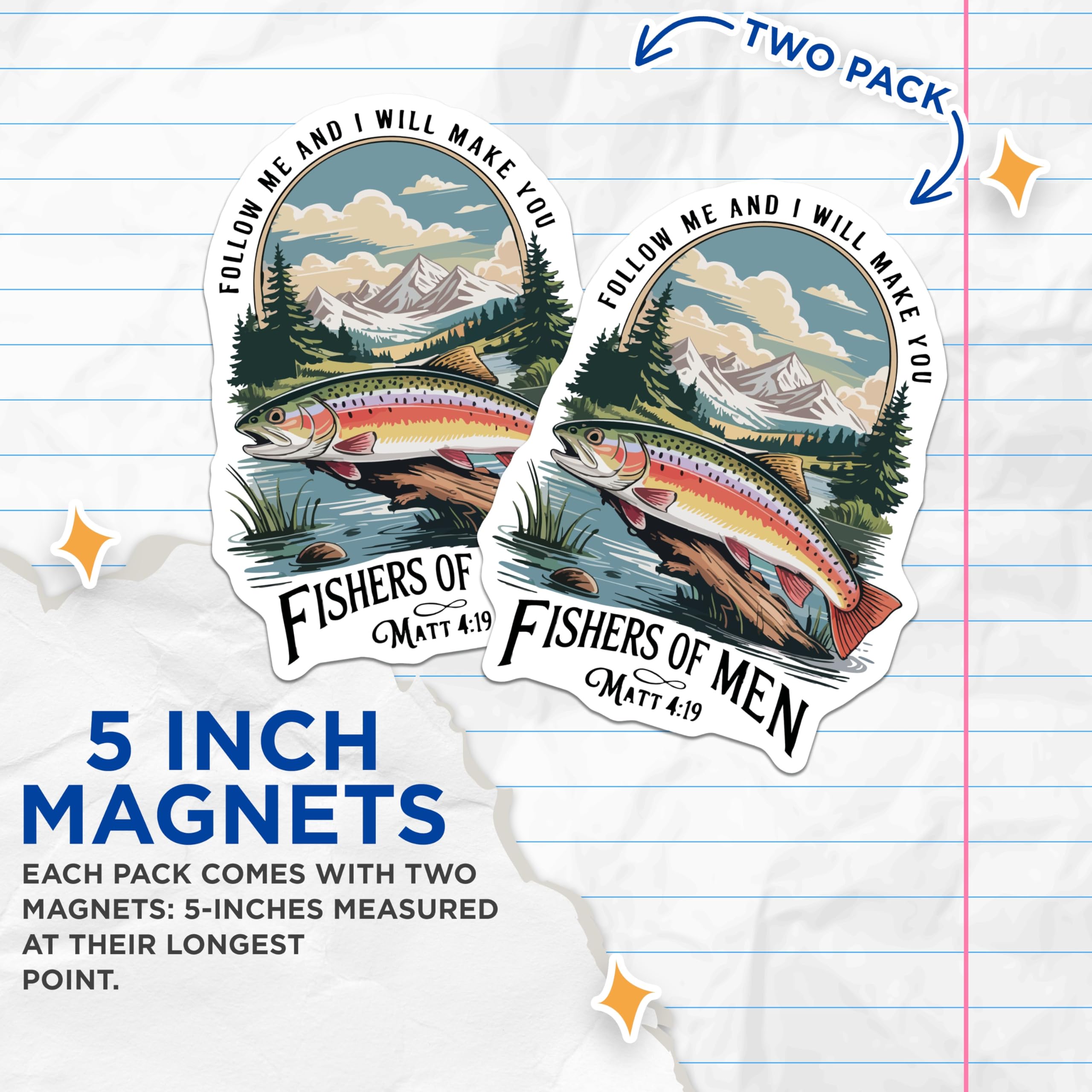 (2 Pack) Fishers of Men Magnets - Christian Fishing Art - Religious Outdoors Scene - Matt 4:19 Scripture - Rainbow Trout - 5 Inches On Longest Side - Thick Durable Magnet - Made in USA - MAG20951