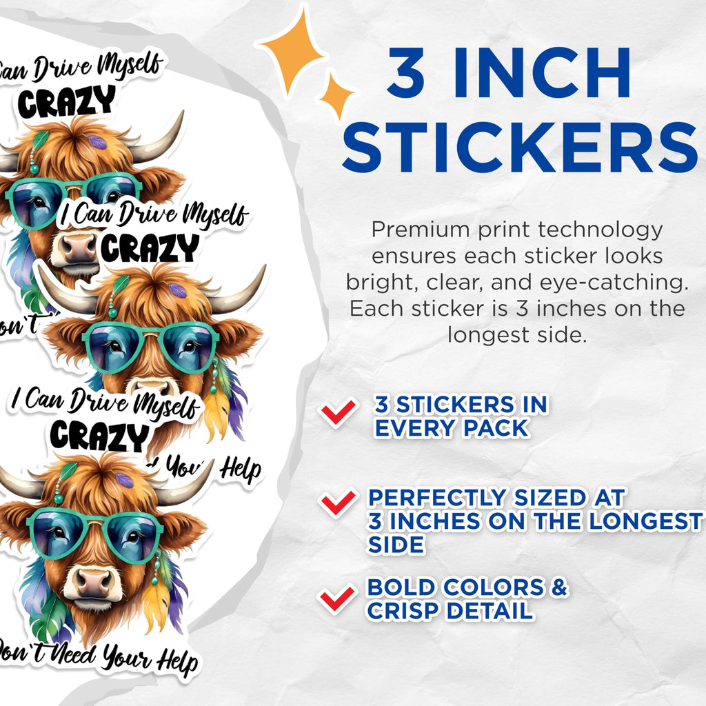 (3 Pack) Highland Cow Decals - Crazy Highland - Laptop Decal - 3 Inches On Longest Side - Easy Peel & Apply - Made in USA - 3MCS1721