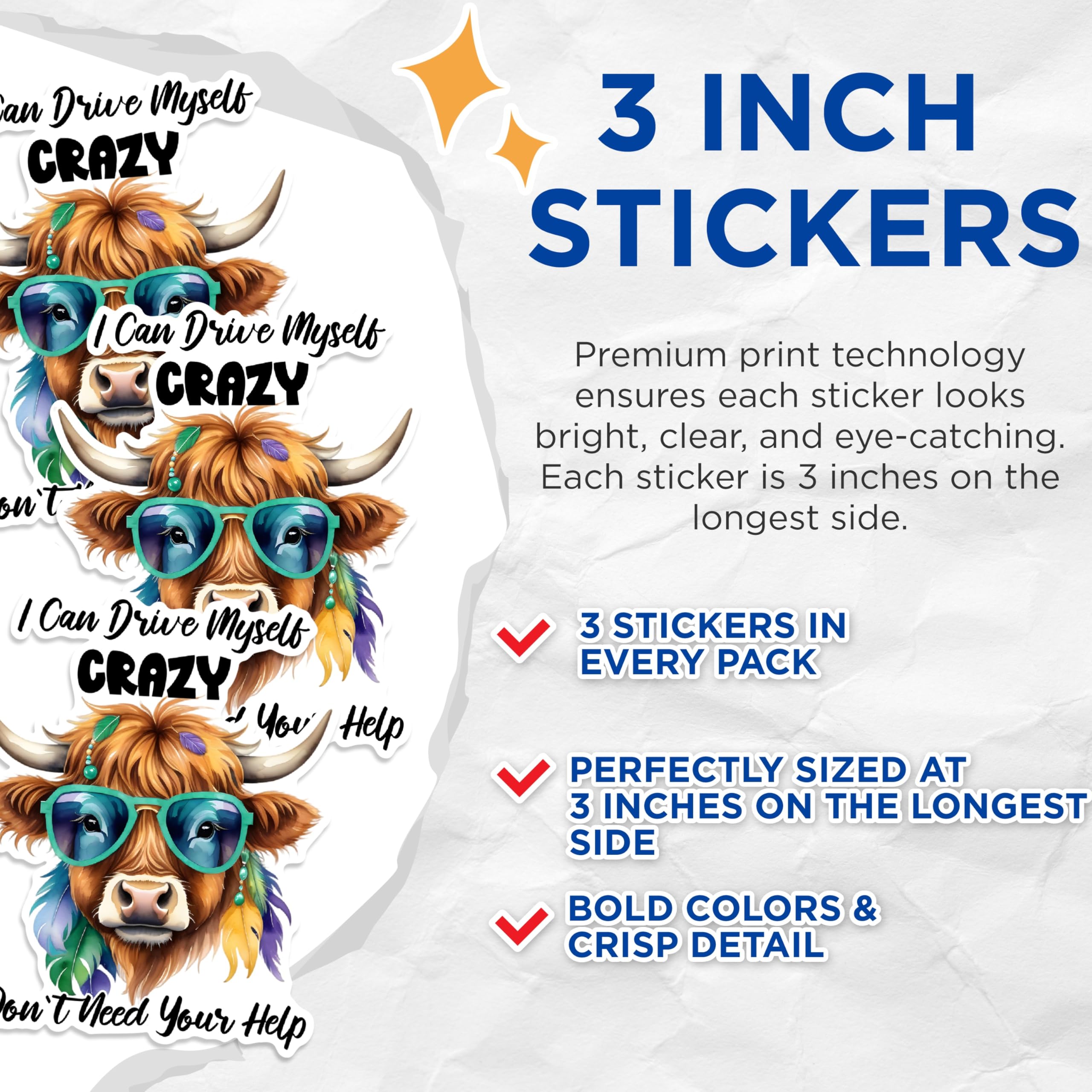 (3 Pack) Highland Cow Decals - Crazy Highland - Laptop Decal - 3 Inches On Longest Side - Easy Peel & Apply - Made in USA - 3MCS1721