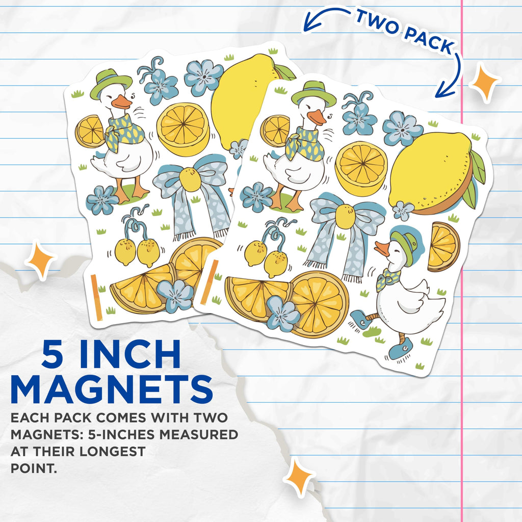 (2 Pack) Whimsical Duck Magnets - Bright Yellow Lemon Fruit and Floral Decor - Charming Spring Kawaii Refrigerator Accent - 5 Inches On Longest Side - Thick Durable Magnet - Made in USA - MAG21779