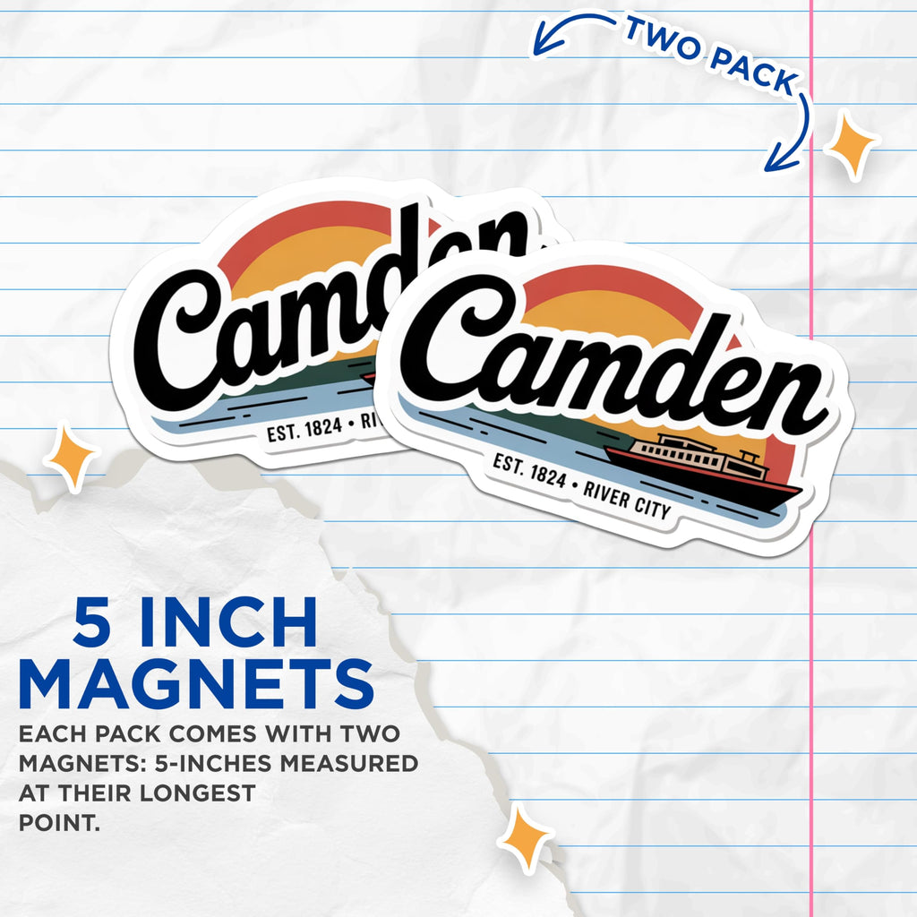 (2 Pack) Camden NJ Magnets - River City Souvenir - New Jersey Trip Decor - 5" On Longest Side - Premium Magnet - for Cars, Refrigerators, Toolboxes, Lockers - Made in USA - MAG18485
