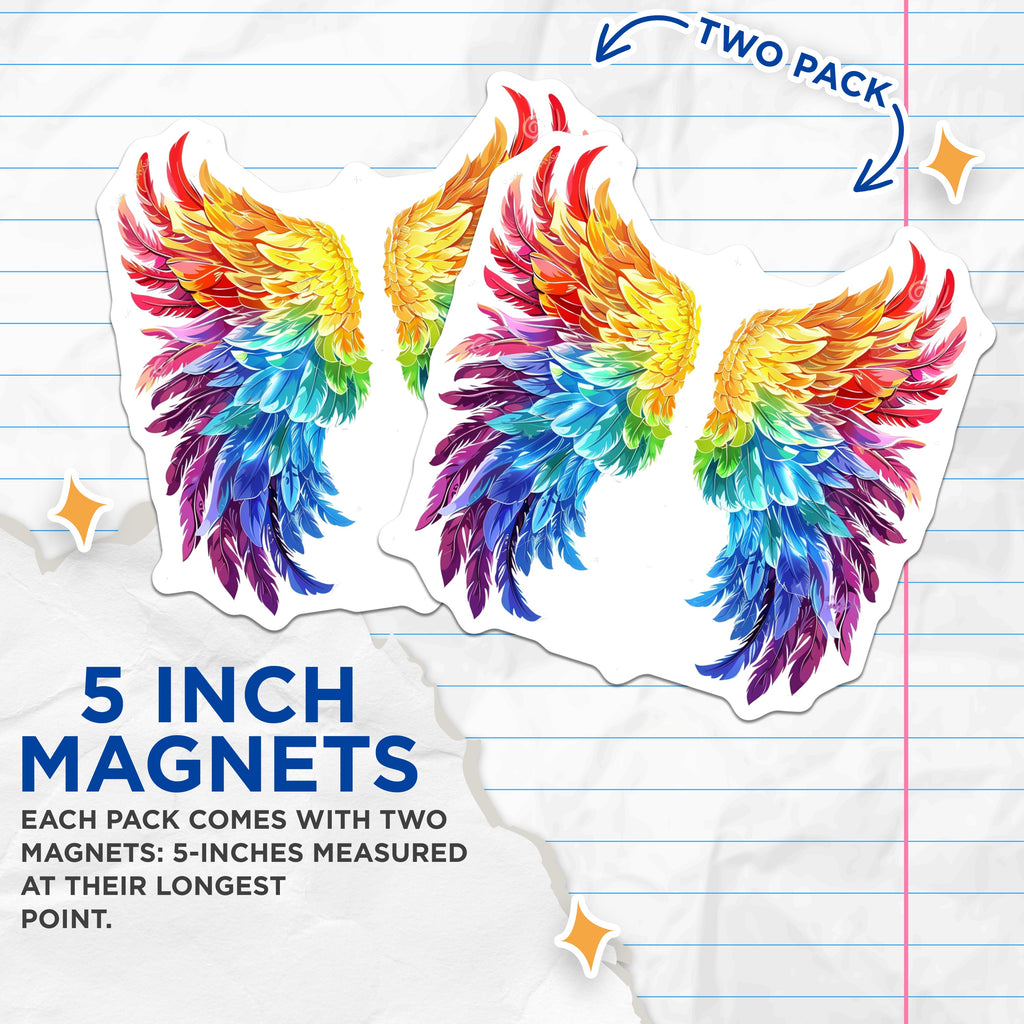 (2 Pack) Rainbow Wing Magnets - Vibrant Angel Feather - Pride Decor - Fantasy Aesthetic - Refrigerator Decor - 5 Inches On Longest Side - Thick Durable Magnet - Made in USA - MAG37518