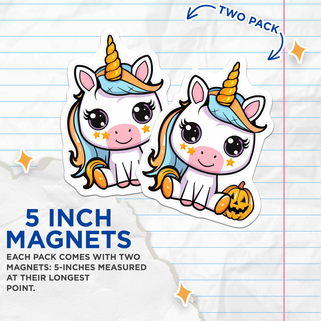 (2 Pack) Cute Unicorn Halloween Magnets - Jack o Lantern Decoration - Kawaii Fantasy Creature - Fall Refrigerator Display - 5 Inches On Longest Side - Thick Durable Magnet - Made in USA - MAG36072