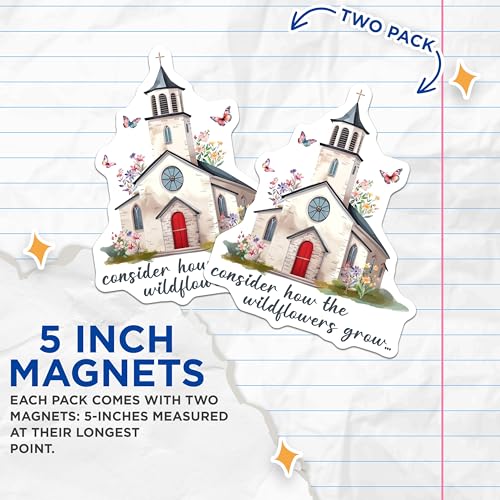 (2 Pack) Church Scene Magnets Magnets - Inspirational Quote - Unique Floral Decor - 5" On Longest Side - Made in USA - Sticks to Refrigerators & Metal Surfaces - MAG8567